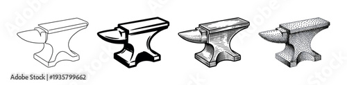 Set of four blacksmith anvils illustrated in various graphic styles including simple outline, solid silhouette, vintage engraving, and modern stippling art
