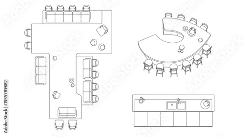 Architectural Diagrams of Modern Office, Bar, and Kitchen Interior Layout Designs