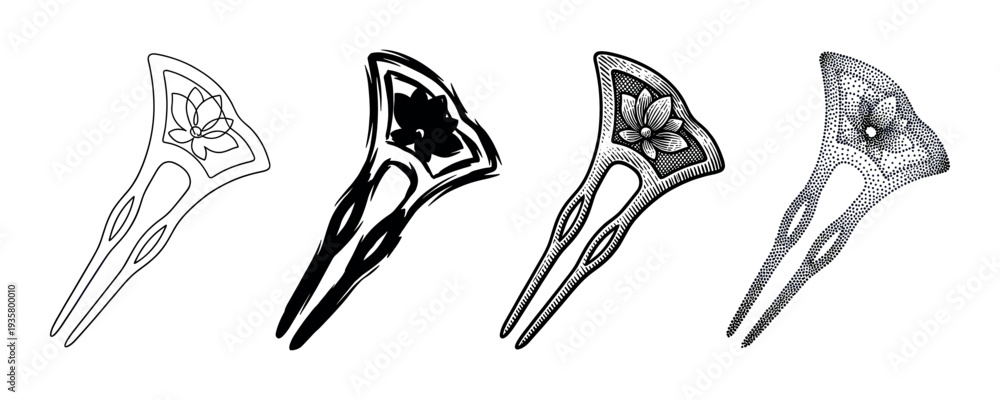 Obraz premium Set of four decorative kanzashi hairpins with a lotus flower motif, presented in various artistic styles including line art, brush stroke, engraving, and stippling