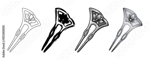 Set of four decorative kanzashi hairpins with a lotus flower motif, presented in various artistic styles including line art, brush stroke, engraving, and stippling