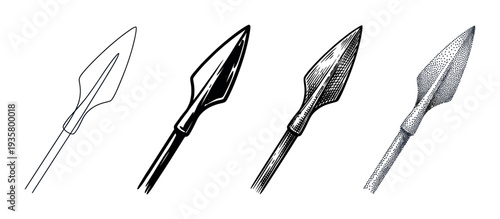 Four black and white spearhead illustrations showing different artistic styles including line art, silhouette, hatching, and stippling for a graphic design or historical concept
