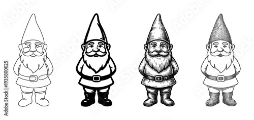 Four black and white garden gnome illustrations in various artistic styles, including continuous line art, bold stencil, detailed engraving, and stippling dotwork