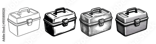 Set of four toolbox illustrations showing different artistic styles, including simple line art, solid black, detailed engraving, and a retro halftone dot pattern