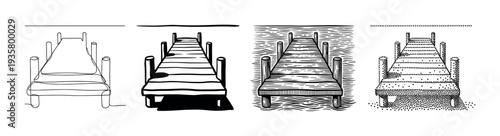 Set of four black illustrations of a wooden pier presented in different artistic styles, including continuous line art, high contrast, engraving, and stippling for a graphic collection