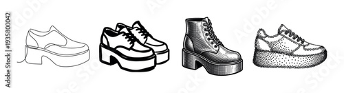 Set of four platform shoe illustrations rendered in diverse artistic styles like continuous line, engraving, stippling, and bold outline for a modern fashion concept