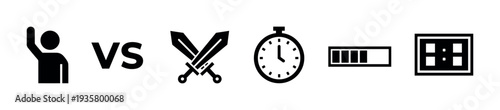 Set of black competition and gaming icons including a player, versus sign, swords, timer, loading bar, and scoreboard for user interface design and infographics