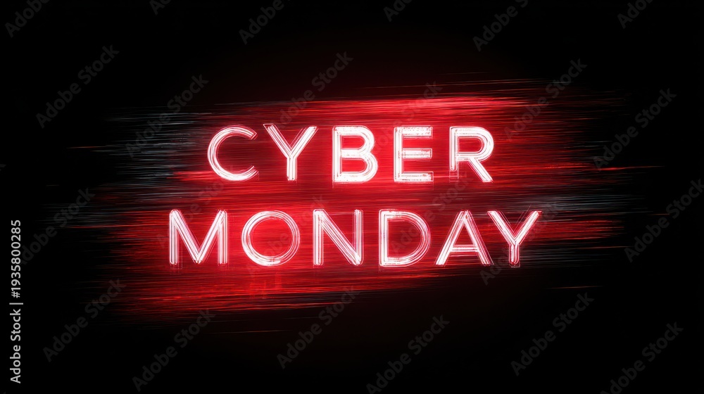 Obraz premium Cyber Monday glowing neon text on a dark background with red light streaks