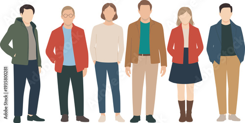 Vector illustration set of diverse people standing together wearing colorful casual seasonal outfits and smart business attire isolated on white background for lifestyle design