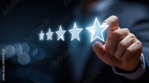 Businessman hand touching glowing five star rating for customer feedback and service satisfaction on dark background
