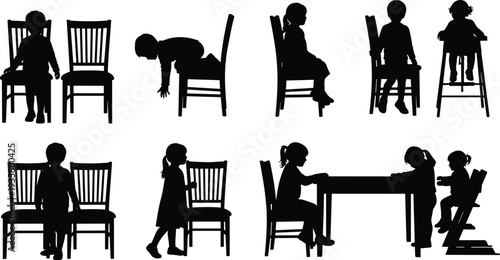 Toddler and child silhouette set featuring sitting on chairs, climbing furniture, eating at table, and nursery activities for childhood vector.