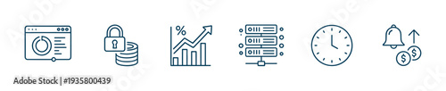 Set of business and technology icons in a minimalist blue line art style representing data analytics, financial security, market growth, server hosting, and revenue notifications