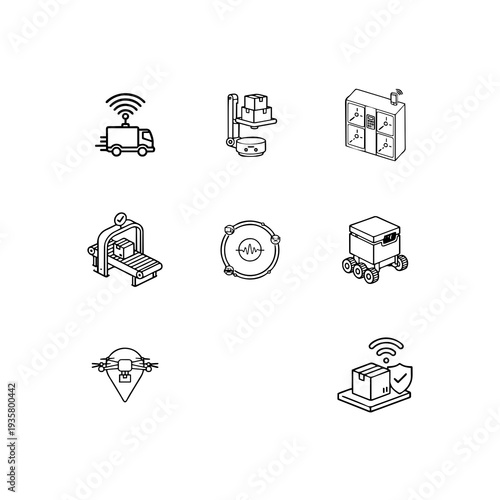 Autonomous logistics and smart delivery linear icon set, delivery drone, warehouse robot and self-driving truck vector symbols