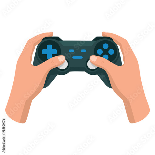 Illustration of hands holding a game controller while playing a video game, suitable for gaming lifestyle, esports branding and interactive fun themes