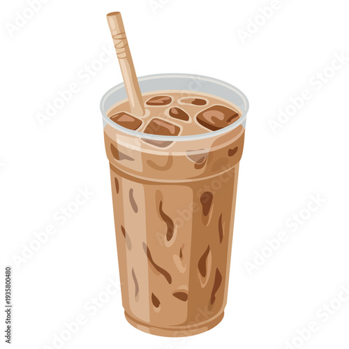 Illustration of ice cafe au lait in cup ideal for cafe marketing chilled coffee promotion beverage packaging and refreshing drink concepts
