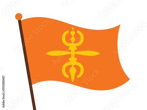 Orange flag with golden Buddhist symbol waves in the wind