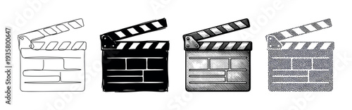 Set of four hand-drawn clapperboards in various artistic styles including line art, silhouette, engraving, and stippling for filmmaking concepts