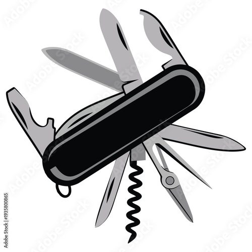 Illustration of multi tool knife camping equipment design suitable for outdoor survival adventure and travel themed artwork