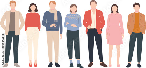Vector illustration set of diverse people standing together wearing colorful casual autumn and winter outfits isolated on white background for lifestyle fashion design