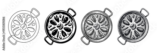 Set of four paella illustrations in different artistic styles, showing the traditional seafood dish from a top-down view in line art, engraving, and stippling
