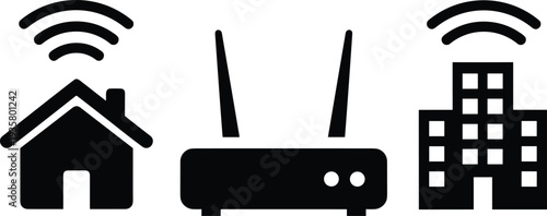 Black silhouette icons of wireless internet router house and office building with wifi signals for home network and global business connectivity concept.
