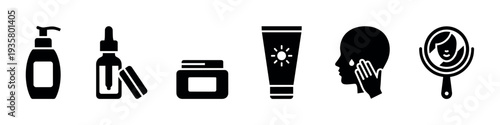 Set of black skincare and beauty icons representing a daily routine with a pump bottle, serum dropper, cream jar, sunscreen tube, face application, and hand mirror
