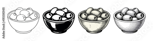 Four bowls of olives illustrated in a set of different artistic styles including line art, graphic silhouette, vintage engraving, and detailed stippling