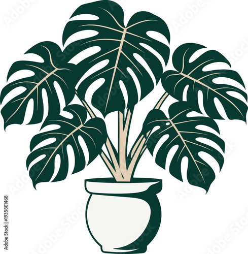 Monstera Deliciosa Houseplant Illustration in White Pot for Modern Interior Design