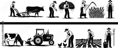 Vintage agriculture silhouette set featuring farmers, tractor, cows, chickens, and harvesting scenes for rural countryside and organic farming vector design.
