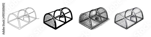 Set of four humane animal trap illustrations presented in various artistic styles, including simple line art, bold silhouette, detailed engraving, and classic stippling