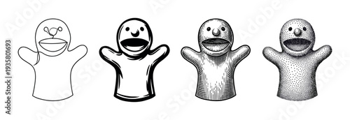 Set of four hand puppet illustrations showcasing different artistic styles from one-line art and cartoon to vintage engraving and modern stippling for a creative concept