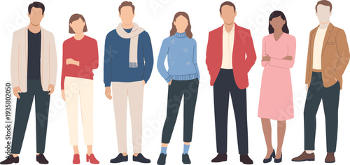 Vector illustration set of diverse people standing together wearing colorful casual autumn and winter outfits isolated on white background for lifestyle fashion design