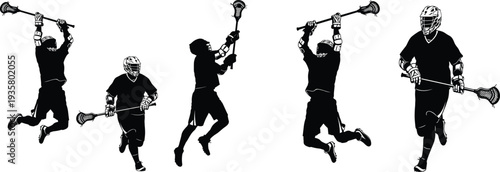 Lacrosse players silhouettes action set, athletes playing field sport with sticks, professional lacrosse movement poses vector illustration