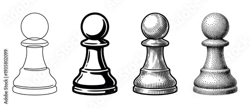 Four black chess pawn illustrations demonstrate different artistic styles, including line art, solid graphic, hatching, and stippling, showing a progression of detail