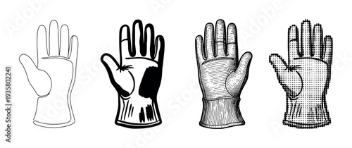 Four black and white work glove illustrations in different artistic styles, including one-line art, graphic silhouette, detailed engraving, and halftone dot pattern for design