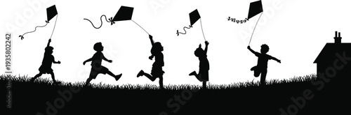 Children flying kites silhouettes, kids running and playing outdoors in meadow, joyful childhood activity vector illustration scene