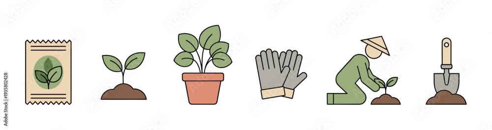 Fototapeta premium Gardening icon set with plant growth stages showing a seed packet, sprout, potted plant, gloves, a person planting, and a trowel in a flat line art style
