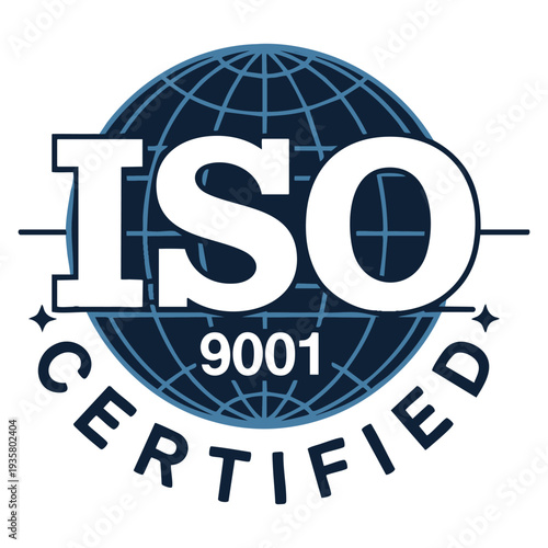 ISO 9001 certified stamp international quality management system circular sign, isolated vector emblem for certification and compliance design
