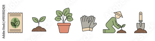 Gardening icon set with plant growth stages showing a seed packet, sprout, potted plant, gloves, a person planting, and a trowel in a flat line art style