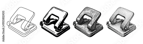 Set of four hole puncher illustrations in black and white, showcasing different artistic techniques like line art, solid silhouette, engraving, and stippling for office concepts