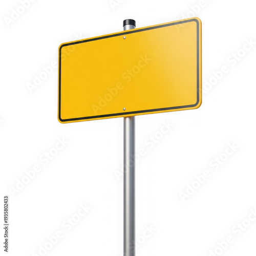 A tall, blank yellow road sign standing against a white background isolated on transparent background