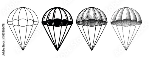 Four black and white parachute illustrations in a collection showcasing various artistic styles from simple line art and silhouette to detailed engraving and stippling techniques