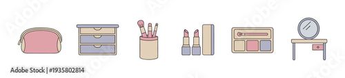 Set of cosmetic and beauty icons illustration featuring a makeup bag, lipstick, brushes, eyeshadow, and vanity table in a minimalist flat line art style with pastel colors