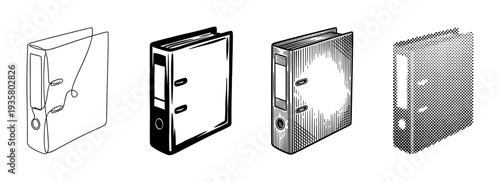 Set of four office ring binders illustrated in various graphic styles including continuous line art, bold icon, vintage engraving, and halftone dot pattern