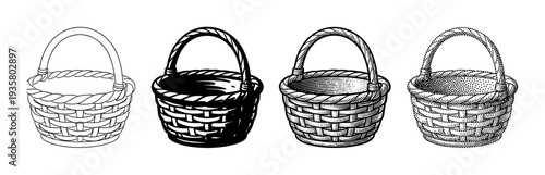 Four empty wicker baskets with handles are shown in a collection of different artistic illustration styles, including line art, high contrast, engraving, and stippling
