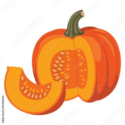 Isolated flat vector illustration whole orange pumpkin with slice and seeds perfect for halloween harvest autumn cooking and festive decoration artwork