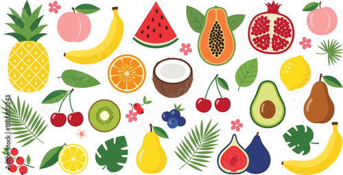 Colorful Tropical Fruit and Leaf Icon Set Featuring Pineapple, Banana, Papaya, Pomegranate, Coconut, Avocado, Fig, Lemon and Citrus for Healthy Food Design