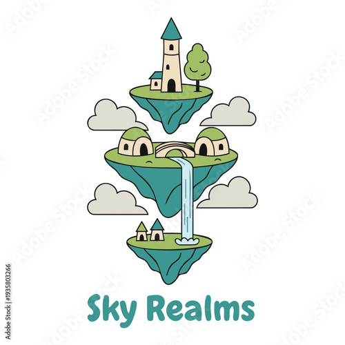 Whimsical floating islands with tiny houses and waterfalls in a dreamy sky scene illustration perfect for fantasy storytelling and creative projects