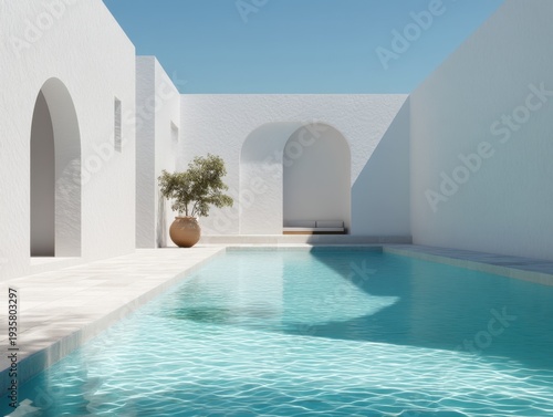 Serene white walls surround tranquil turquoise pool. Arched openings frame minimalist courtyard design. Potted plant adds gentle touch to clean lines. Clear sky reflects softly on still water surface