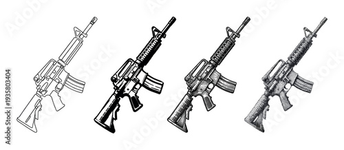 Set of four assault rifle illustrations showcasing various hand-drawn techniques like line art, solid ink, detailed hatching, and stippling dotwork for a graphic effect