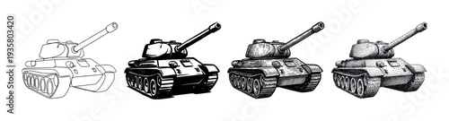 Set of four military tank illustrations showing different artistic styles like line art, silhouette, engraving, and stippling for a vintage, hand-drawn aesthetic